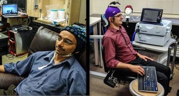 华盛顿大学的研究人员 Rajesh Rao（左）和Andrew Stocco（右）曾经演示过“脑脑接口”实验
